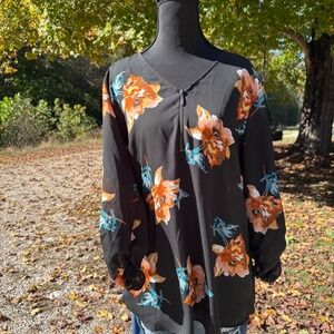 Maurice's Floral blouse Large Long Sleeve boho sheer Whimsical Cottage V-neck